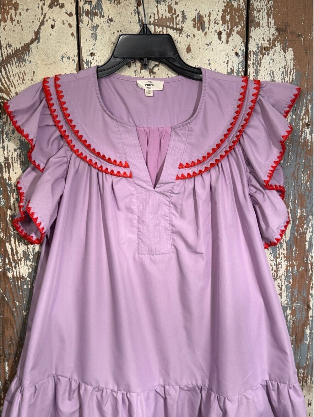 Entro Womens Lilac Ruffled Dress with Red Trim, size Medium